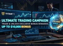 TitanFX キャンペーン一覧2026 - Cinematic dark Forex trading campaign with TitanFX logo and $10000 bonus reward