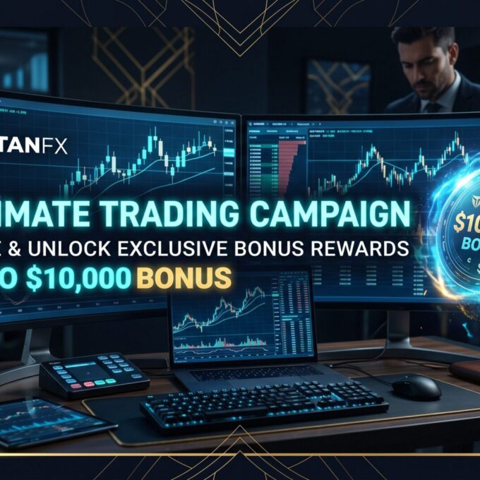 TitanFX キャンペーン一覧2026 - Cinematic dark Forex trading campaign with TitanFX logo and $10000 bonus reward