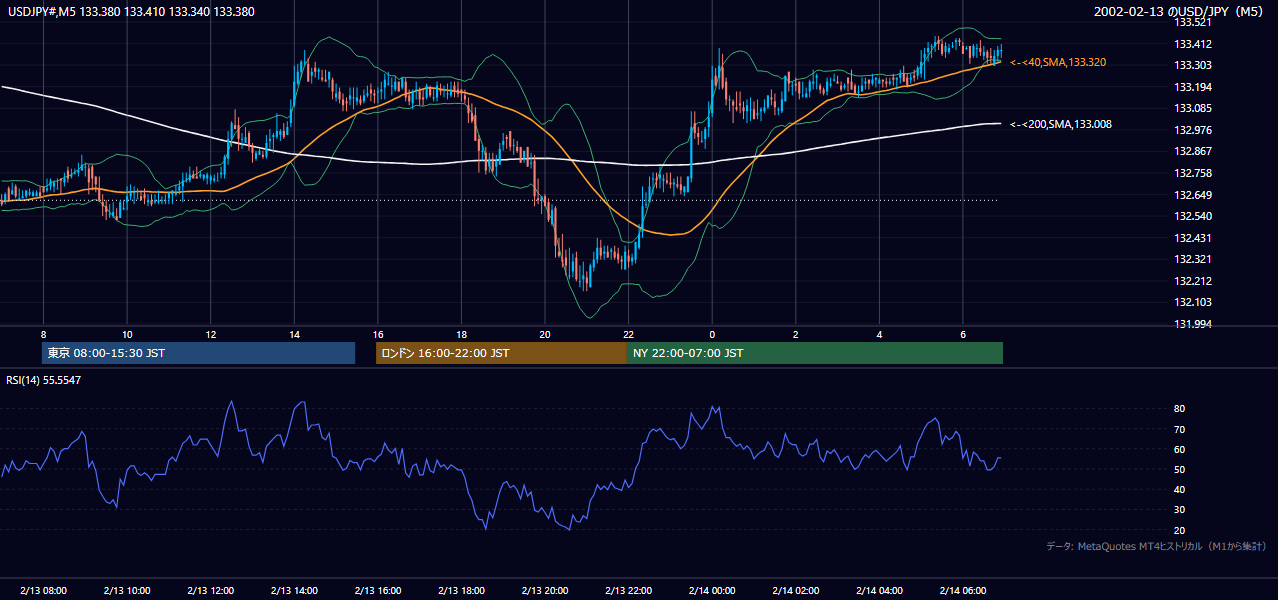 2002-02-13（水） USD/JPY 5分足チャート