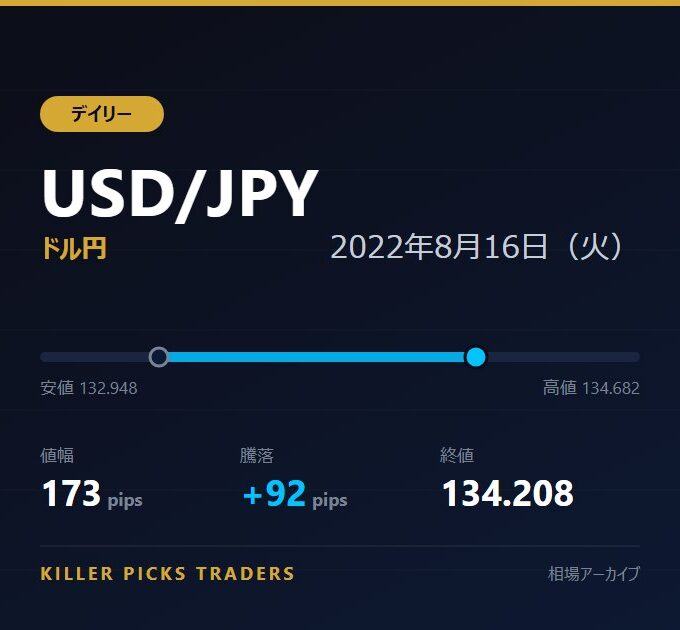 USD/JPY 2022年8月16日（火） 値幅173pips