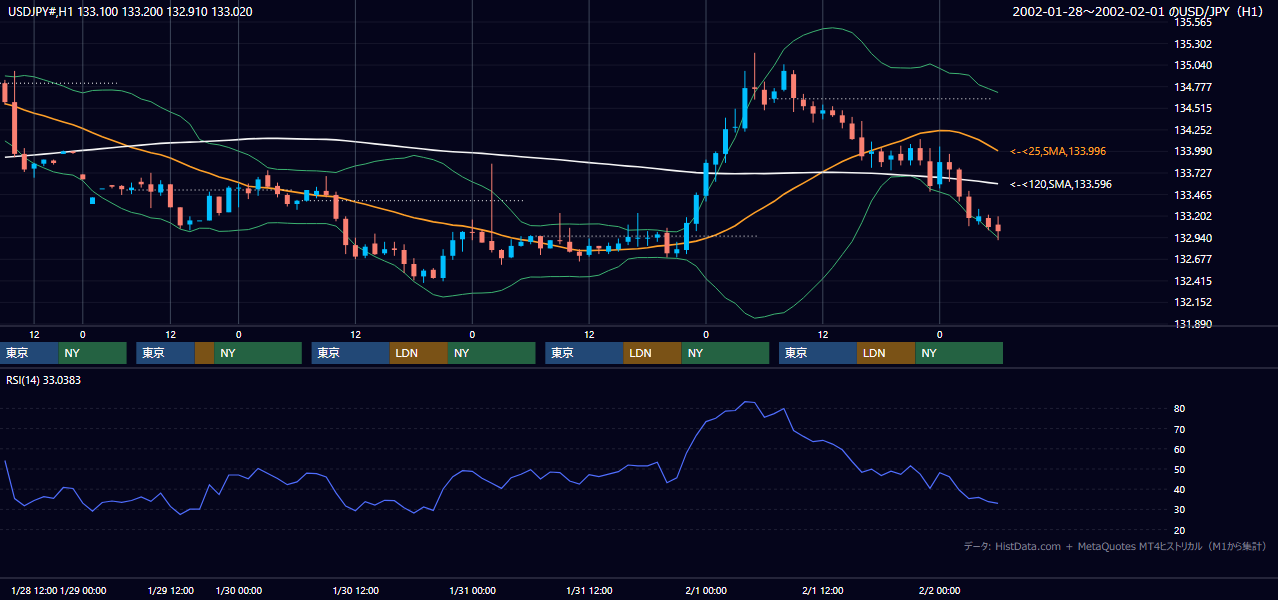 2002年1月28日（月）〜2月1日（金） USD/JPY 1時間足チャート