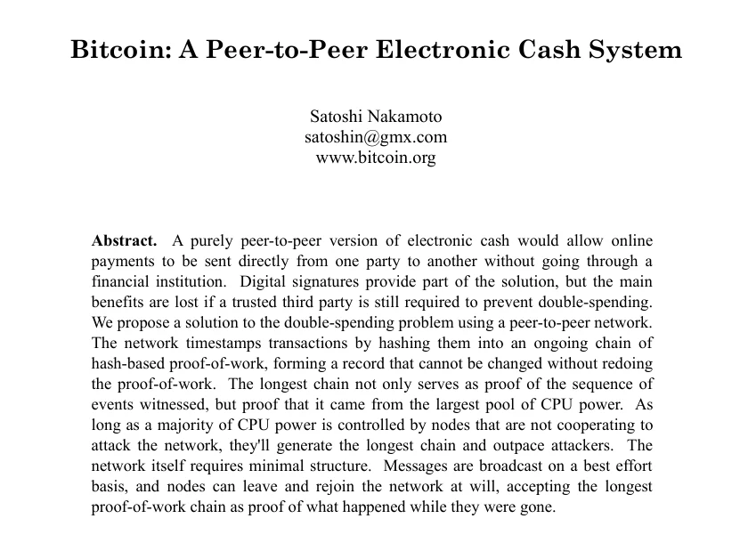 ビットコインの白書『Bitcoin: A Peer-to-Peer Electronic Cash System』の第1ページ上部(題名と要旨)