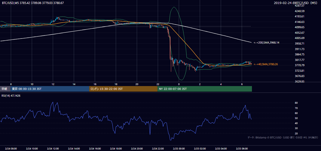 2019年2月24日(日) BTC/USD 5分足チャート