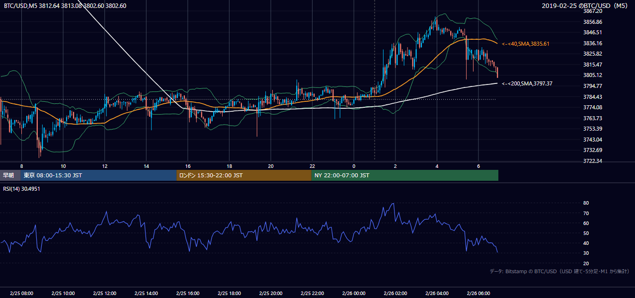 2019年2月25日（月） BTC/USD 5分足チャート