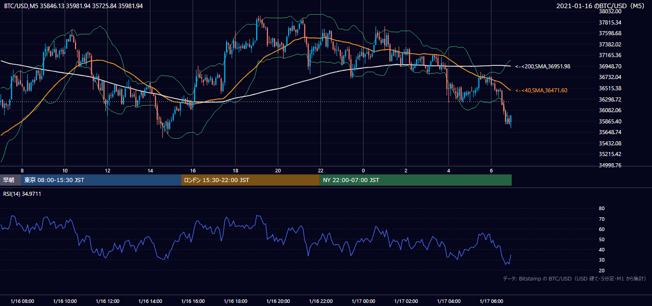 2021年1月16日(土) BTC/USD 5分足チャート