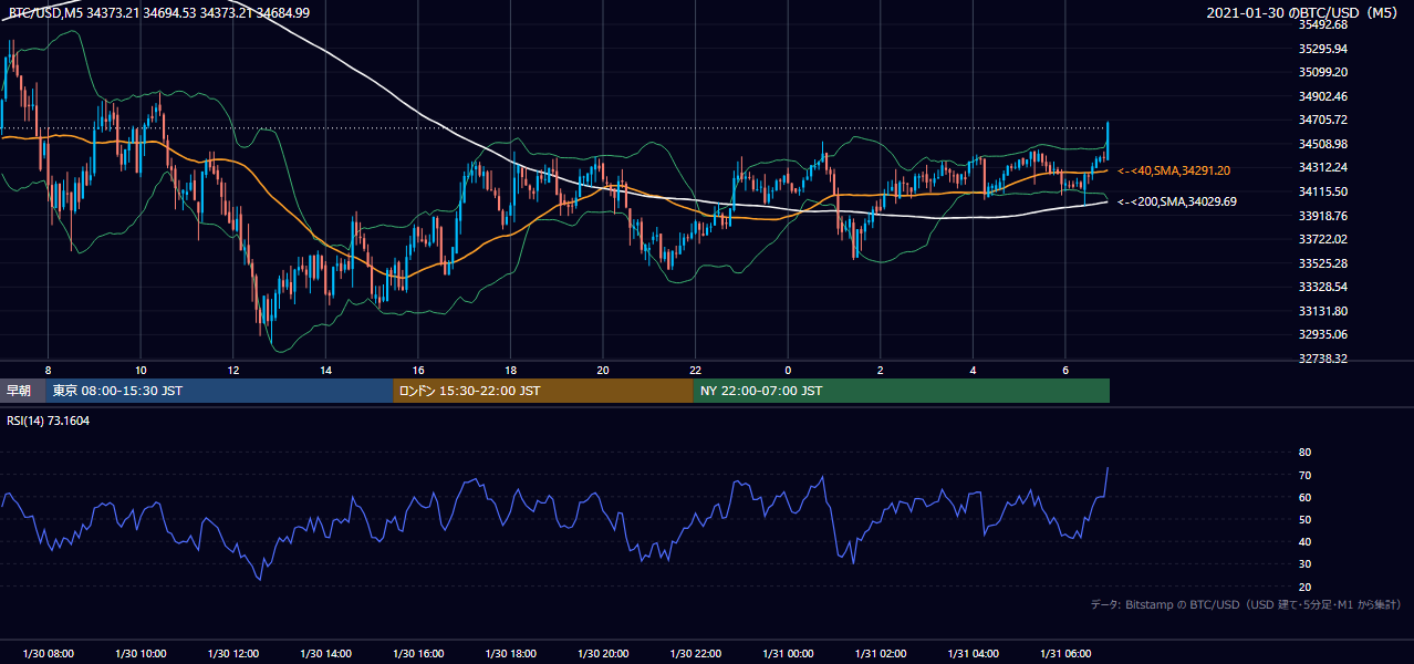 2021年1月30日(土) BTC/USD 5分足チャート