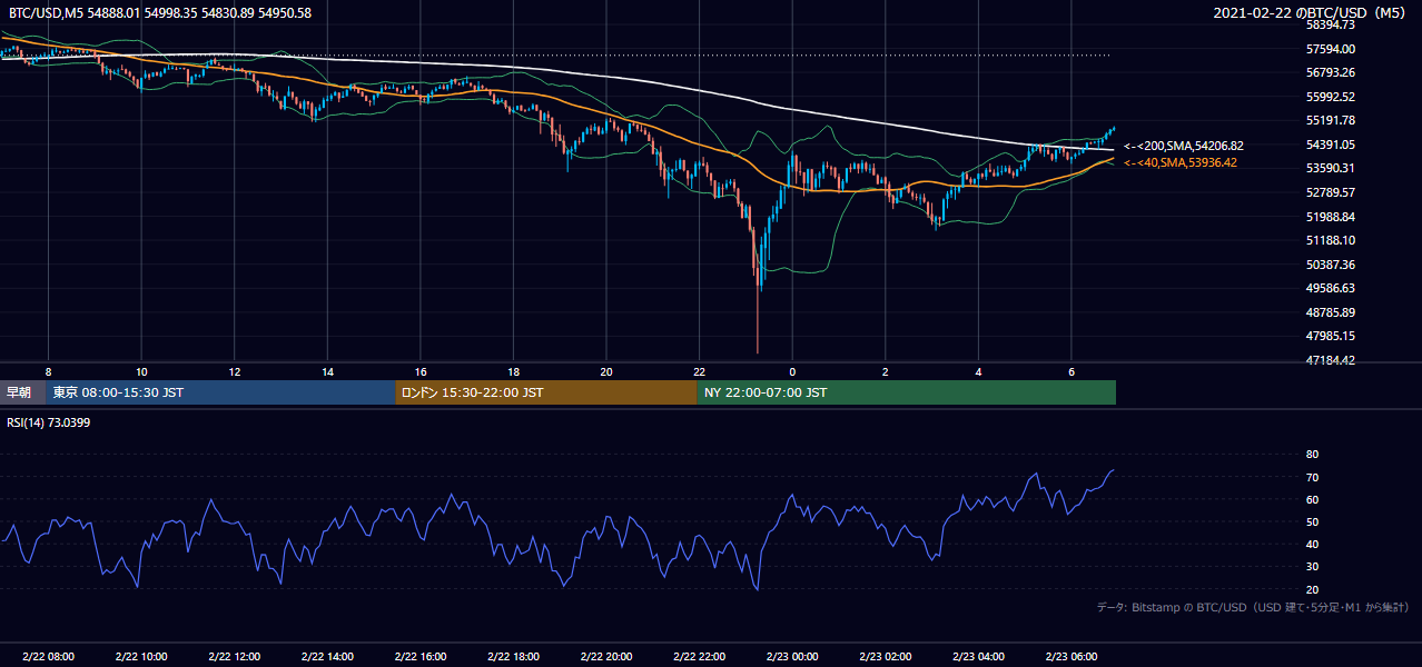 2021年2月22日（月） BTC/USD 5分足チャート