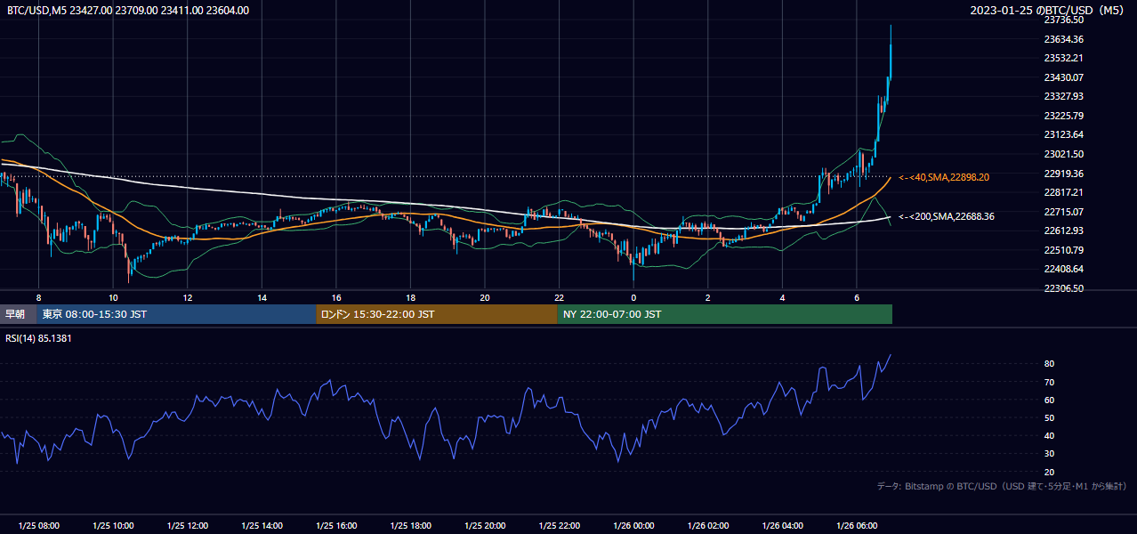2023年1月25日（水） BTC/USD 5分足チャート
