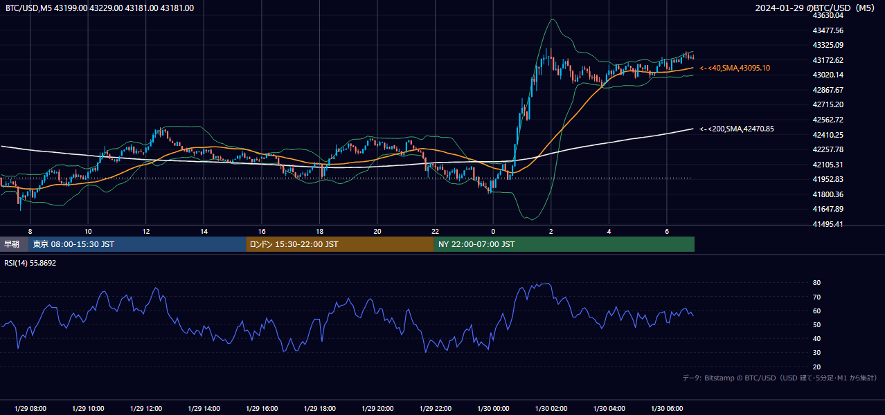 2024年1月29日（月） BTC/USD 5分足チャート
