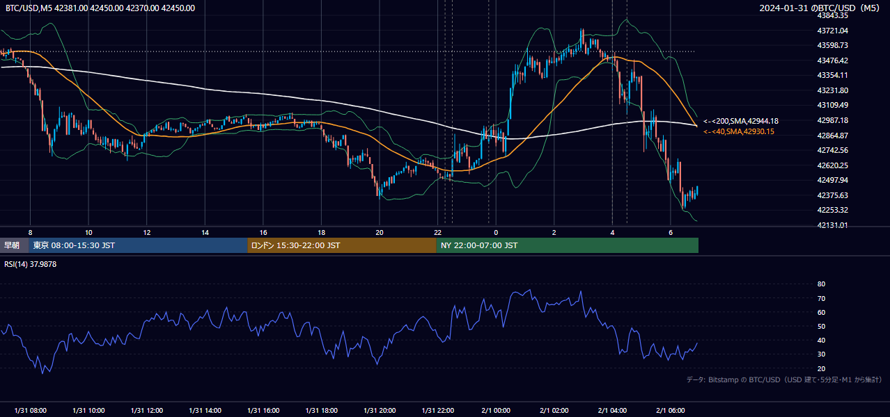2024年1月31日(水) BTC/USD 5分足チャート