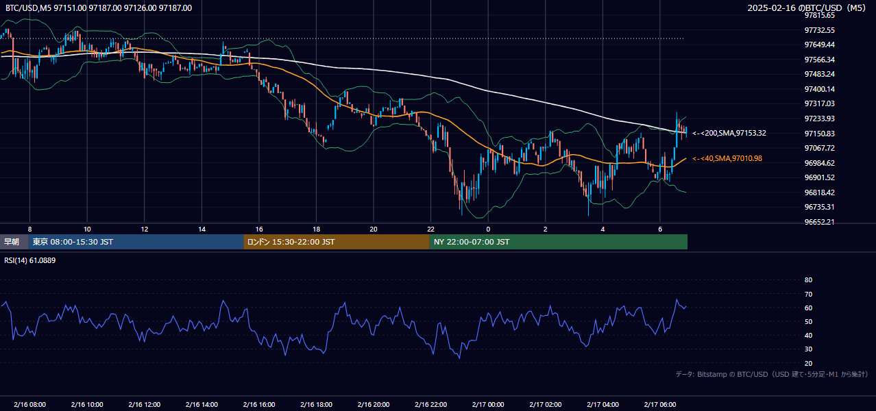2025年2月16日（日） BTC/USD 5分足チャート