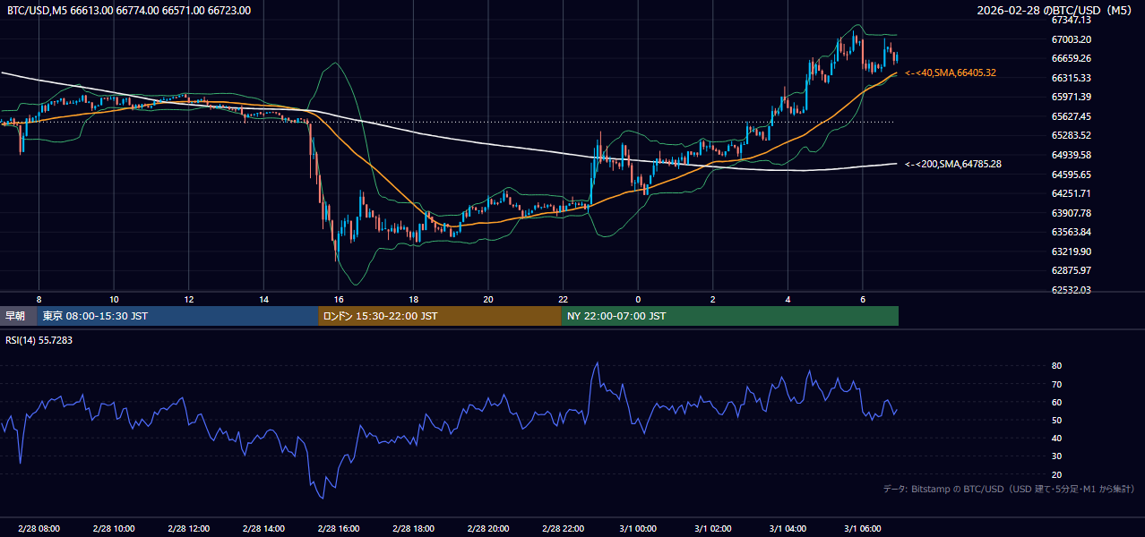 2026年2月28日(土) BTC/USD 5分足チャート