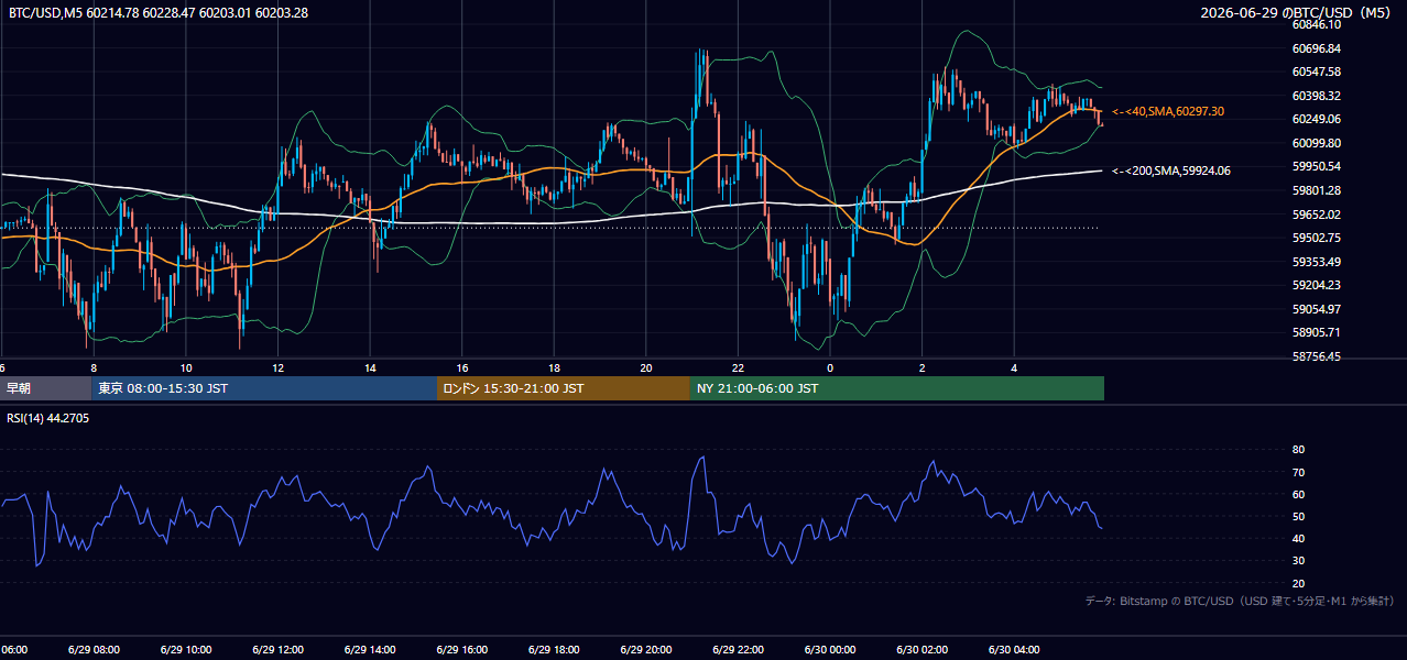 2026年6月29日(月) BTC/USD 5分足チャート