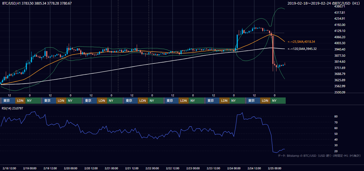 2019年2月18日(月)〜2月24日(日) BTC/USD 1時間足チャート