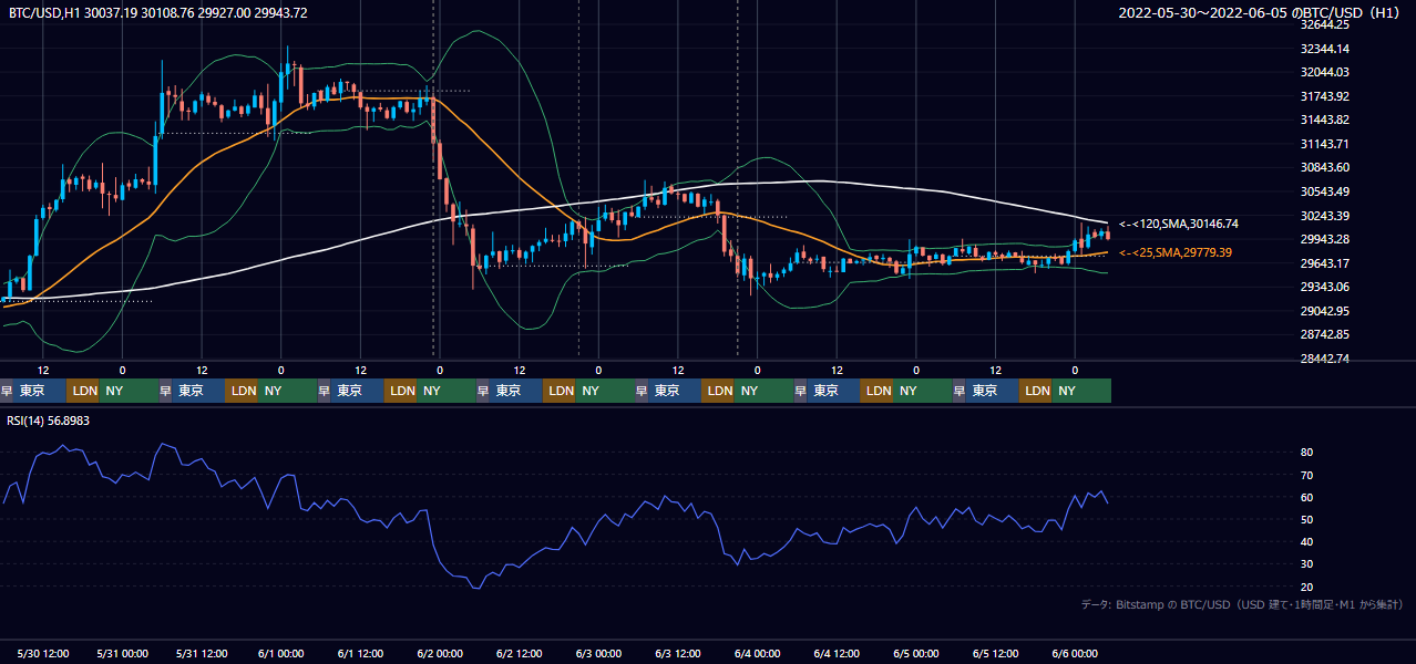 2022年5月30日(月)〜6月5日(日) BTC/USD 1時間足チャート