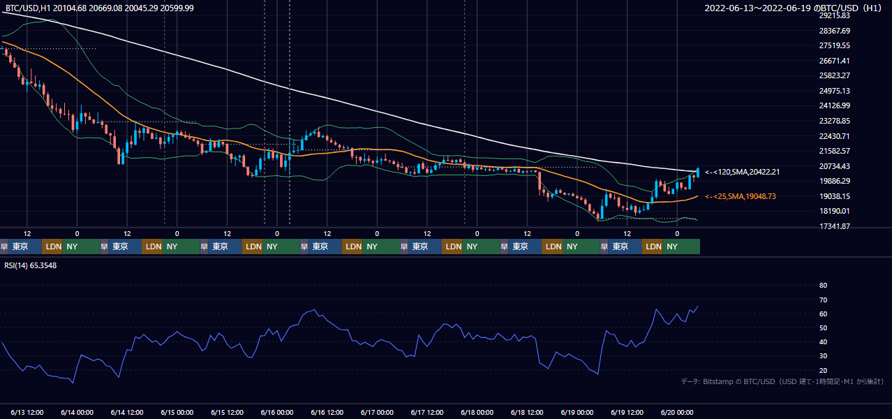 2022年6月13日（月）〜6月19日（日） BTC/USD 1時間足チャート