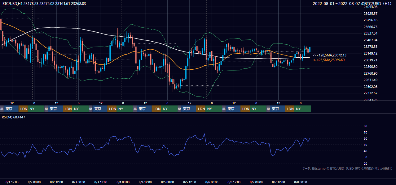 2022年8月1日(月)〜8月7日(日) BTC/USD 1時間足チャート
