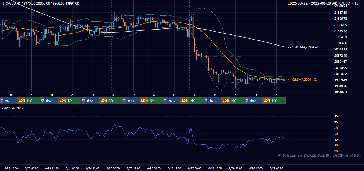 2022年8月22日(月)〜8月28日(日) BTC/USD 1時間足チャート