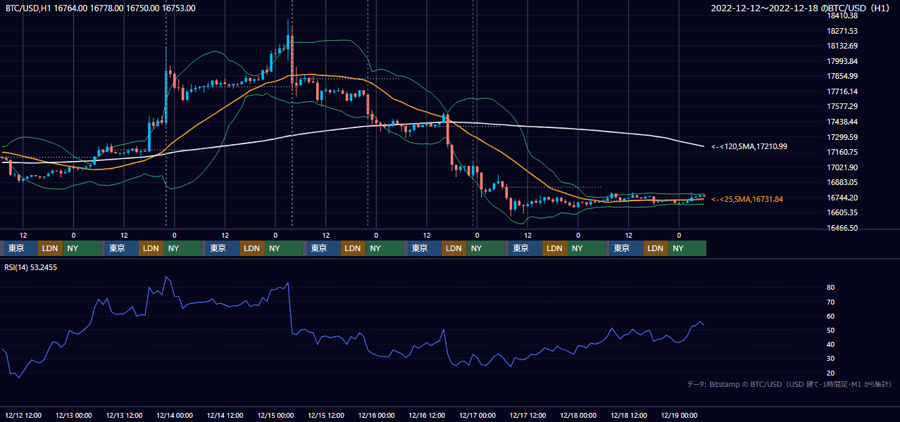 2022年12月12日(月)〜12月18日(日) BTC/USD 1時間足チャート