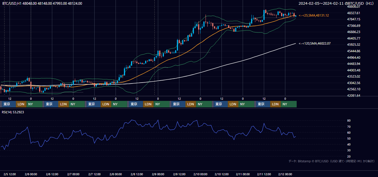 2024年2月5日（月）〜2月11日（日） BTC/USD 1時間足チャート