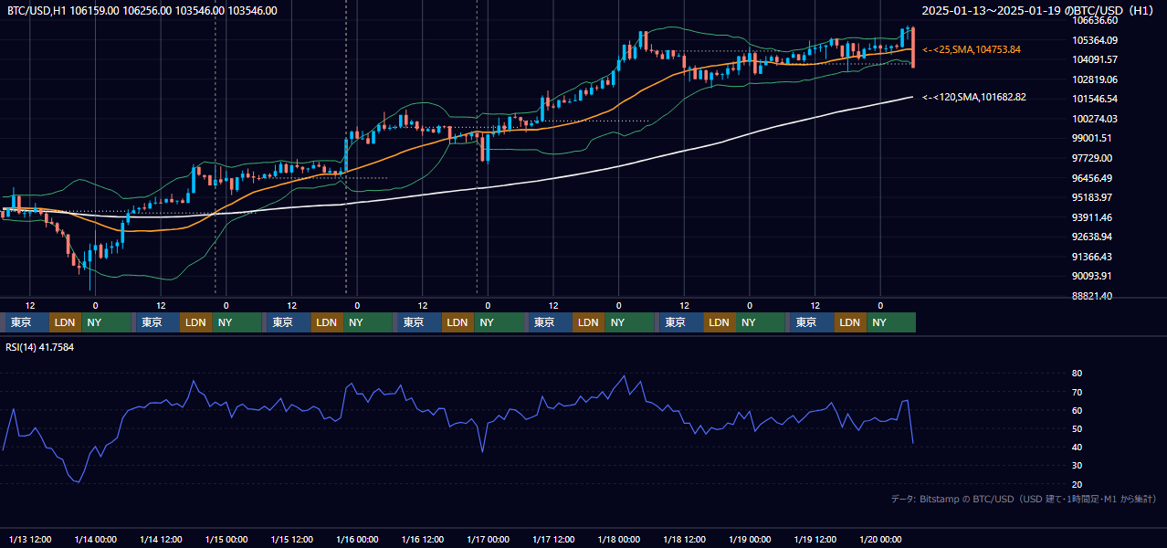 2025年1月13日(月)〜1月19日(日) BTC/USD 1時間足チャート