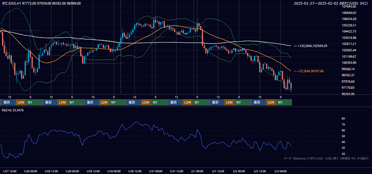 2025年1月27日（月）〜2月2日（日） BTC/USD 1時間足チャート