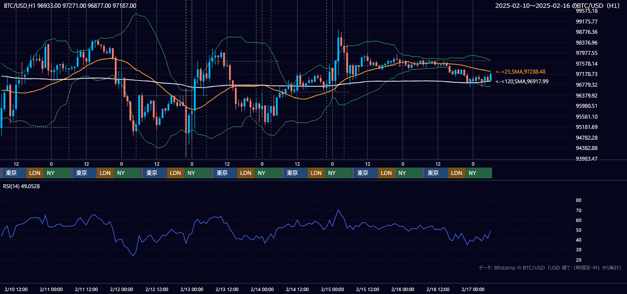 2025年2月10日(月)〜2月16日(日) BTC/USD 1時間足チャート