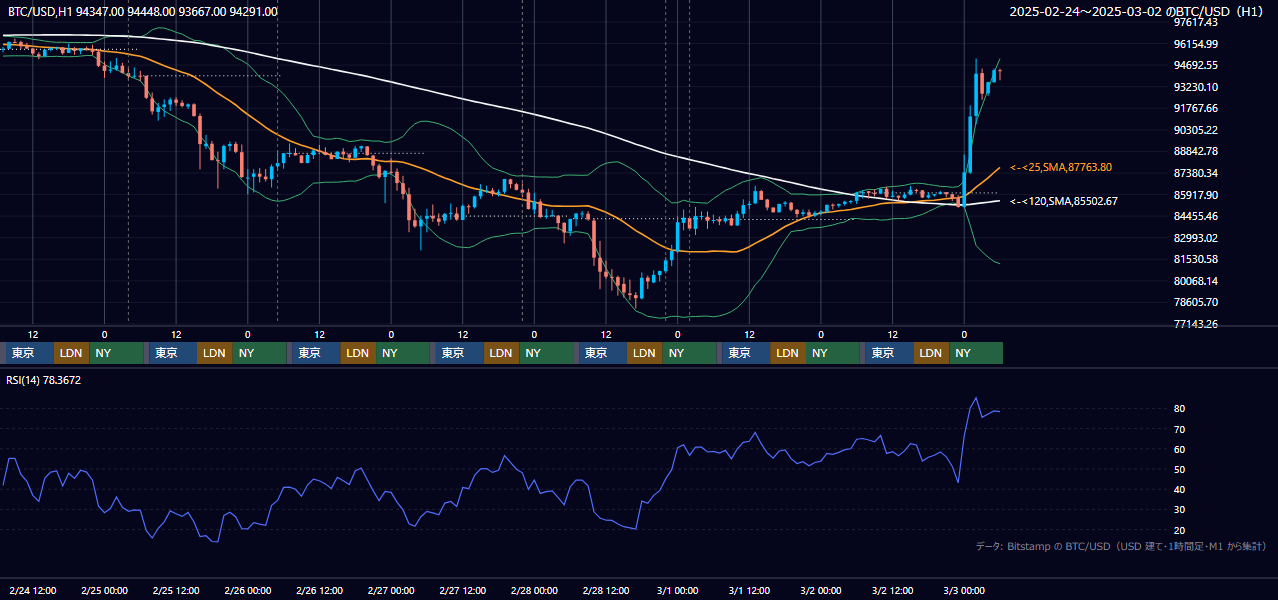 2025年2月24日（月）〜3月2日（日） BTC/USD 1時間足チャート