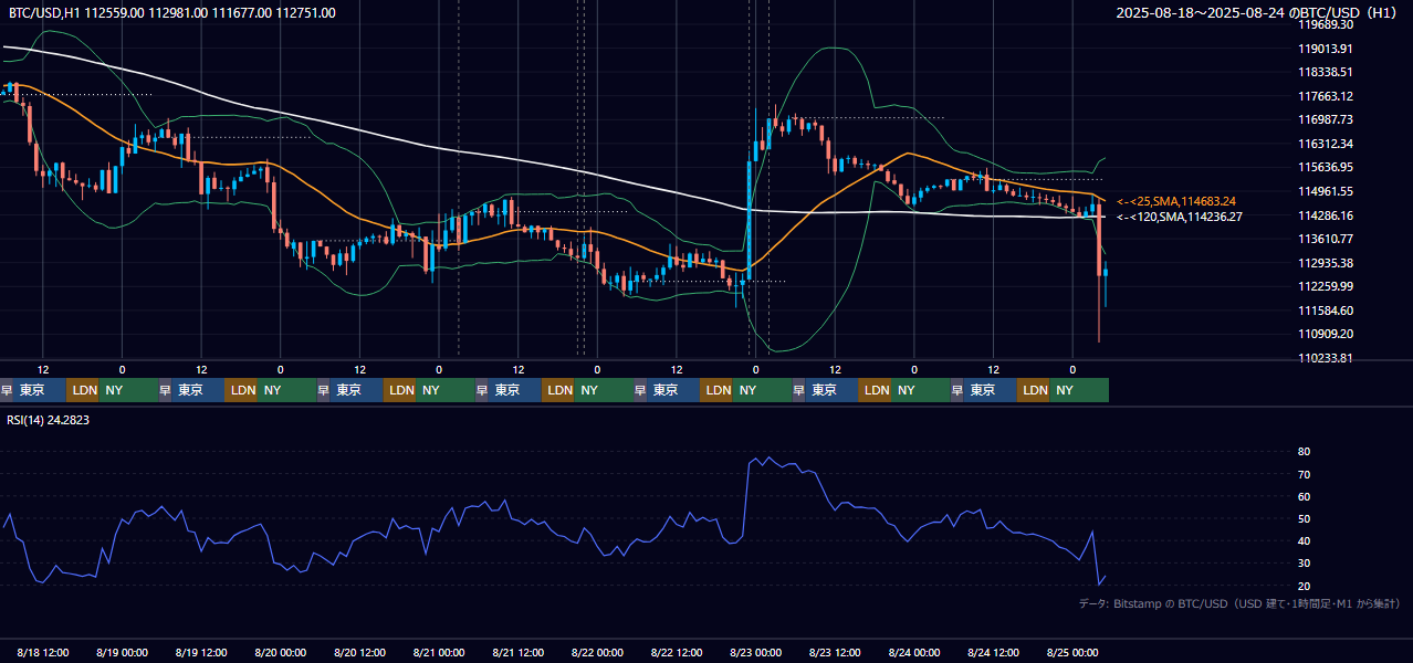 2025年8月18日(月)〜8月24日(日) BTC/USD 1時間足チャート