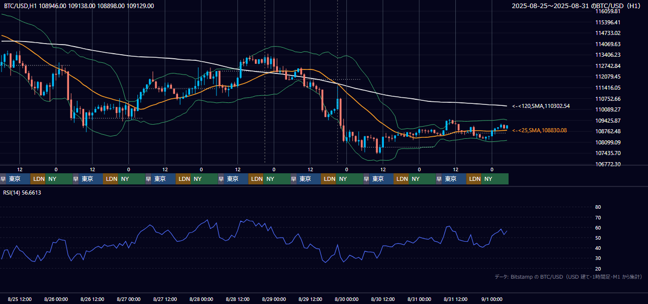 2025年8月25日(月)〜8月31日(日) BTC/USD 1時間足チャート