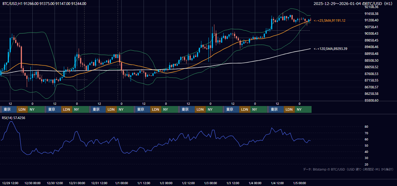 2025年12月29日（月）〜1月4日（日） BTC/USD 1時間足チャート