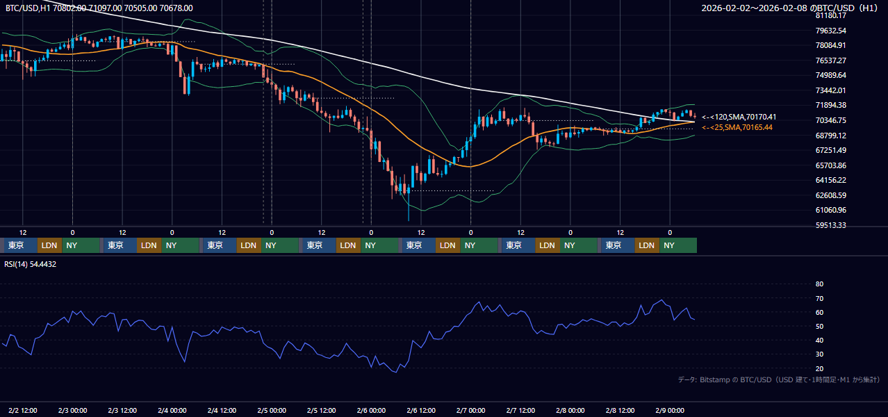 2026年2月2日（月）〜2月8日（日） BTC/USD 1時間足チャート