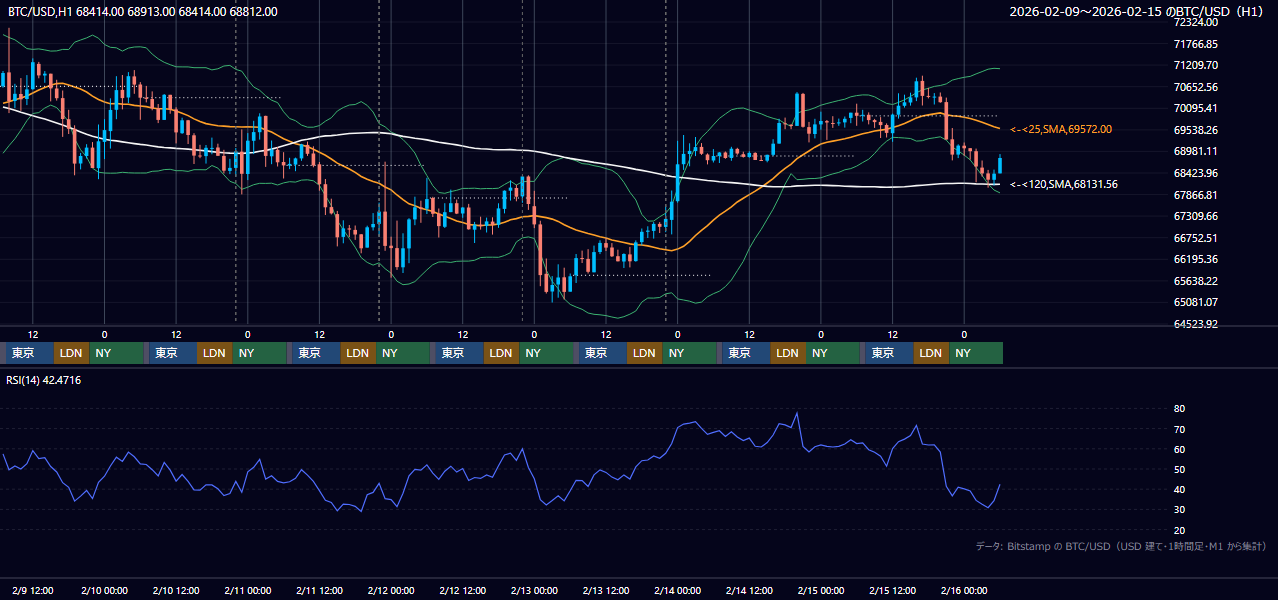2026年2月9日(月)〜2月15日(日) BTC/USD 1時間足チャート