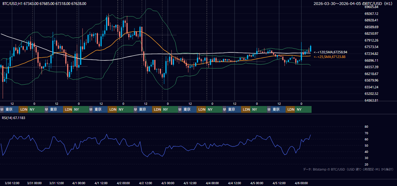 2026年3月30日（月）〜4月5日（日） BTC/USD 1時間足チャート