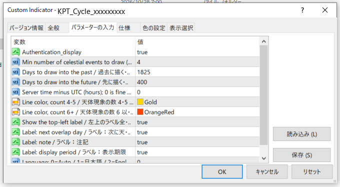 KPT_Cycle のパラメーター入力画面（MT4・上半分）